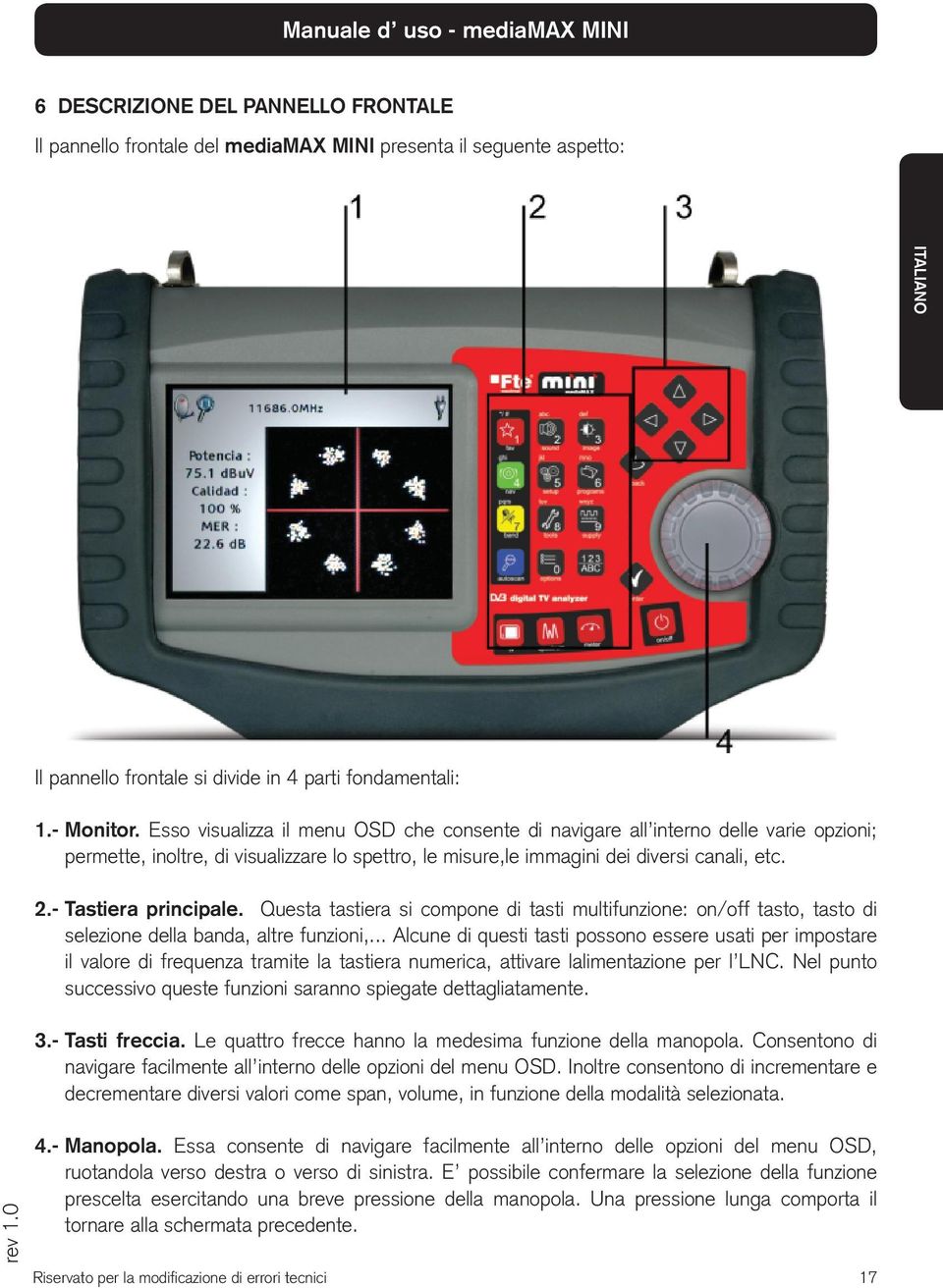 - Tastiera principale. Questa tastiera si compone di tasti multifunzione: on/off tasto, tasto di selezione della banda, altre funzioni,.