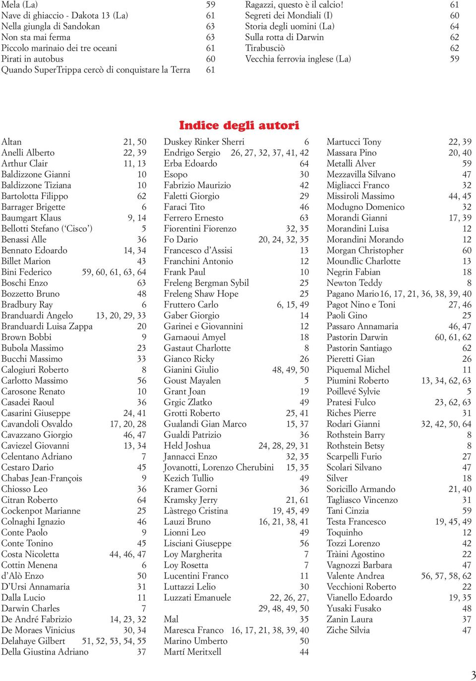 61 Segreti dei Mondiali (I) 60 Storia degli uomini (La) 64 Sulla rotta di Darwin 62 Tirabusciò 62 Vecchia ferrovia inglese (La) 59 Altan 21, 50 Anelli Alberto 22, 39 Arthur Clair 11, 13 Baldizzone