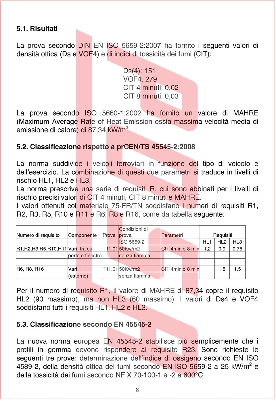 La norma prescrive una serie di requisiti R, cui sono abbinati per i livelli di rischio precisi valori di CIT 4 minuti, CIT 8 minuti e MAHRE.