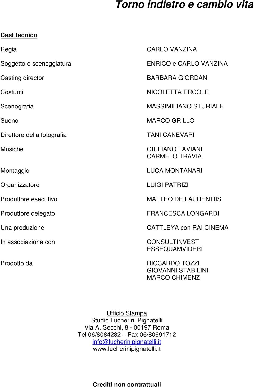 CANEVARI GIULIANO TAVIANI CARMELO TRAVIA LUCA MONTANARI LUIGI PATRIZI MATTEO DE LAURENTIIS FRANCESCA LONGARDI CATTLEYA con RAI CINEMA CONSULTINVEST ESSEQUAMVIDERI RICCARDO TOZZI GIOVANNI