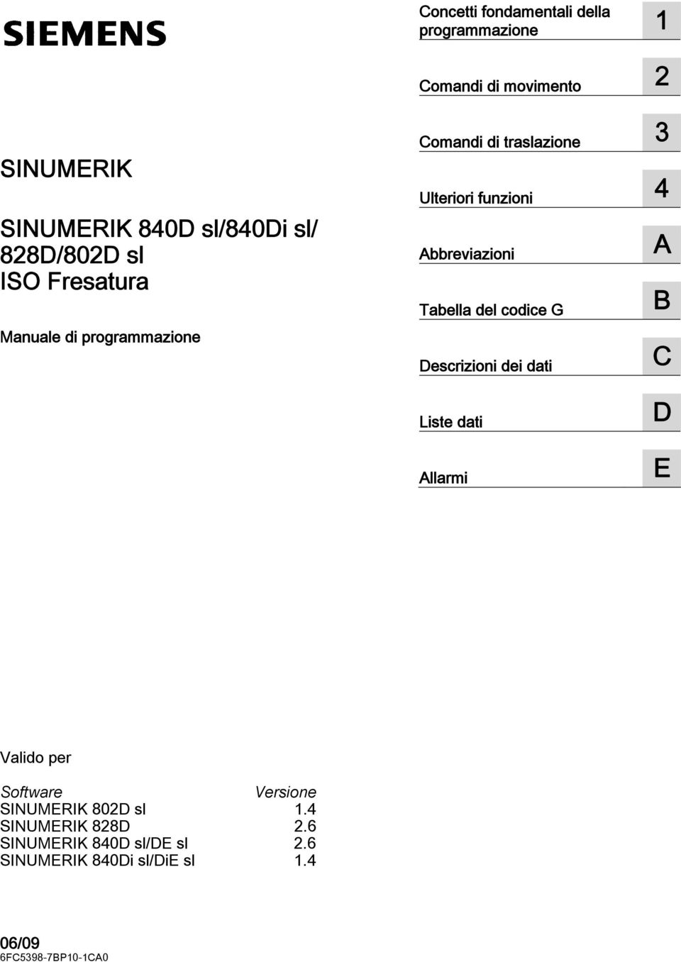 funzioni 4 A Abbreviazioni B Tabella del codice G C Descrizioni dei dati D Liste dati E Allarmi Valido per Software