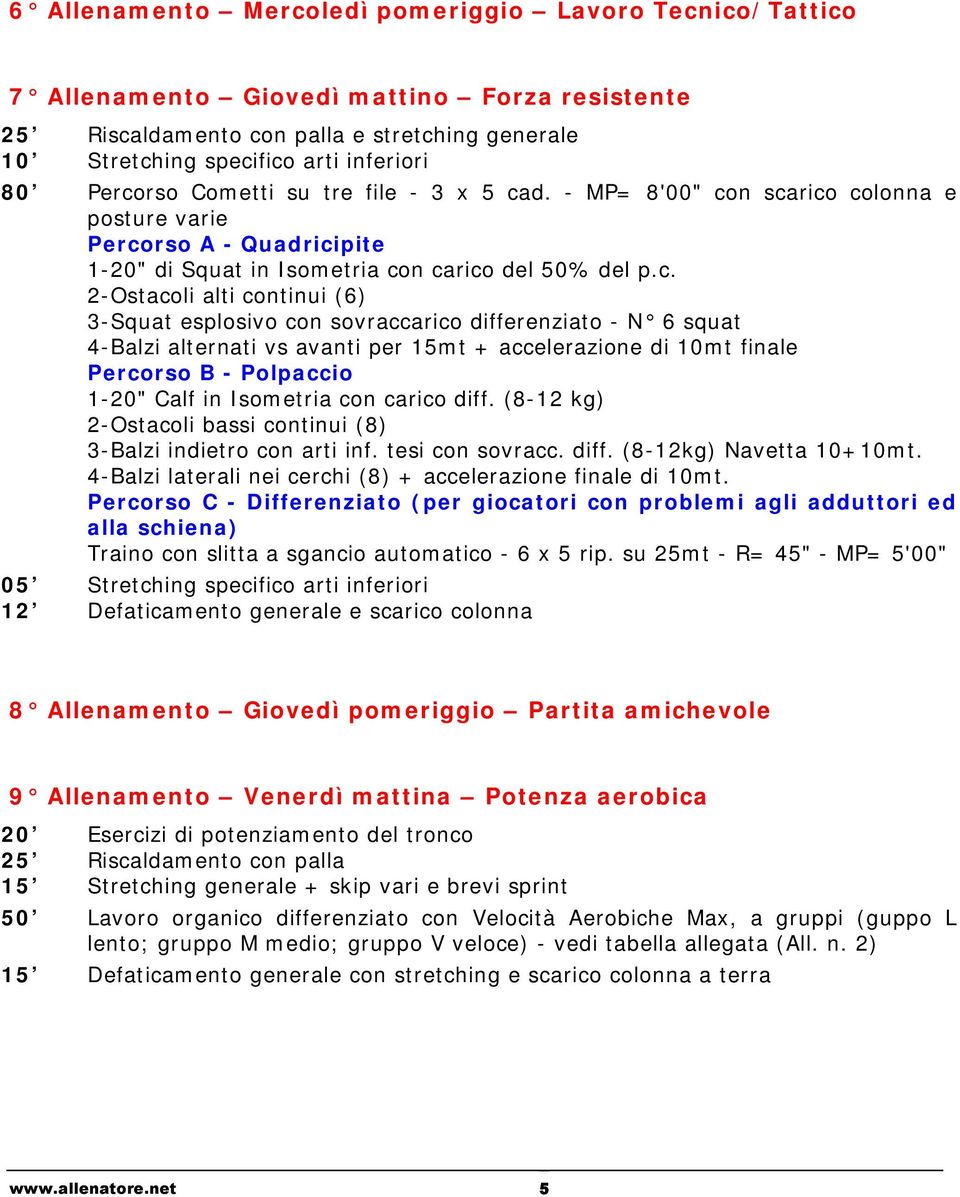 (6) 3-Squat esplosivo con sovraccarico differenziato - N 6 squat 4-Balzi alternati vs avanti per 15mt + accelerazione di 10mt finale Percorso B - Polpaccio 1-20" Calf in Isometria con carico diff.