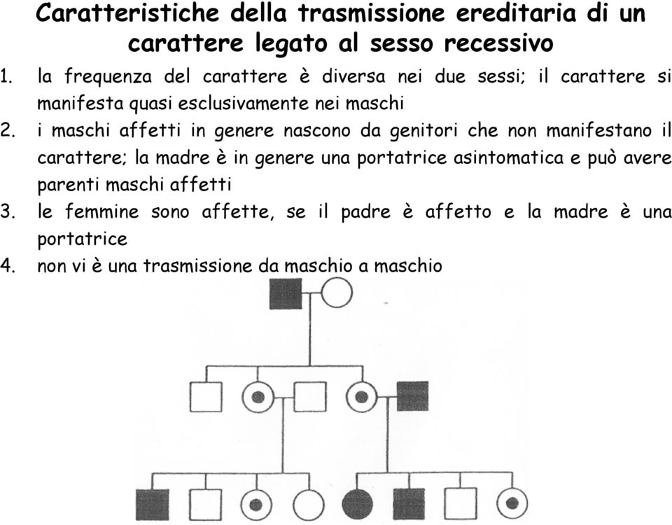 i maschi affetti in genere nascono da genitori che non manifestano il carattere; la madre è in genere una portatrice