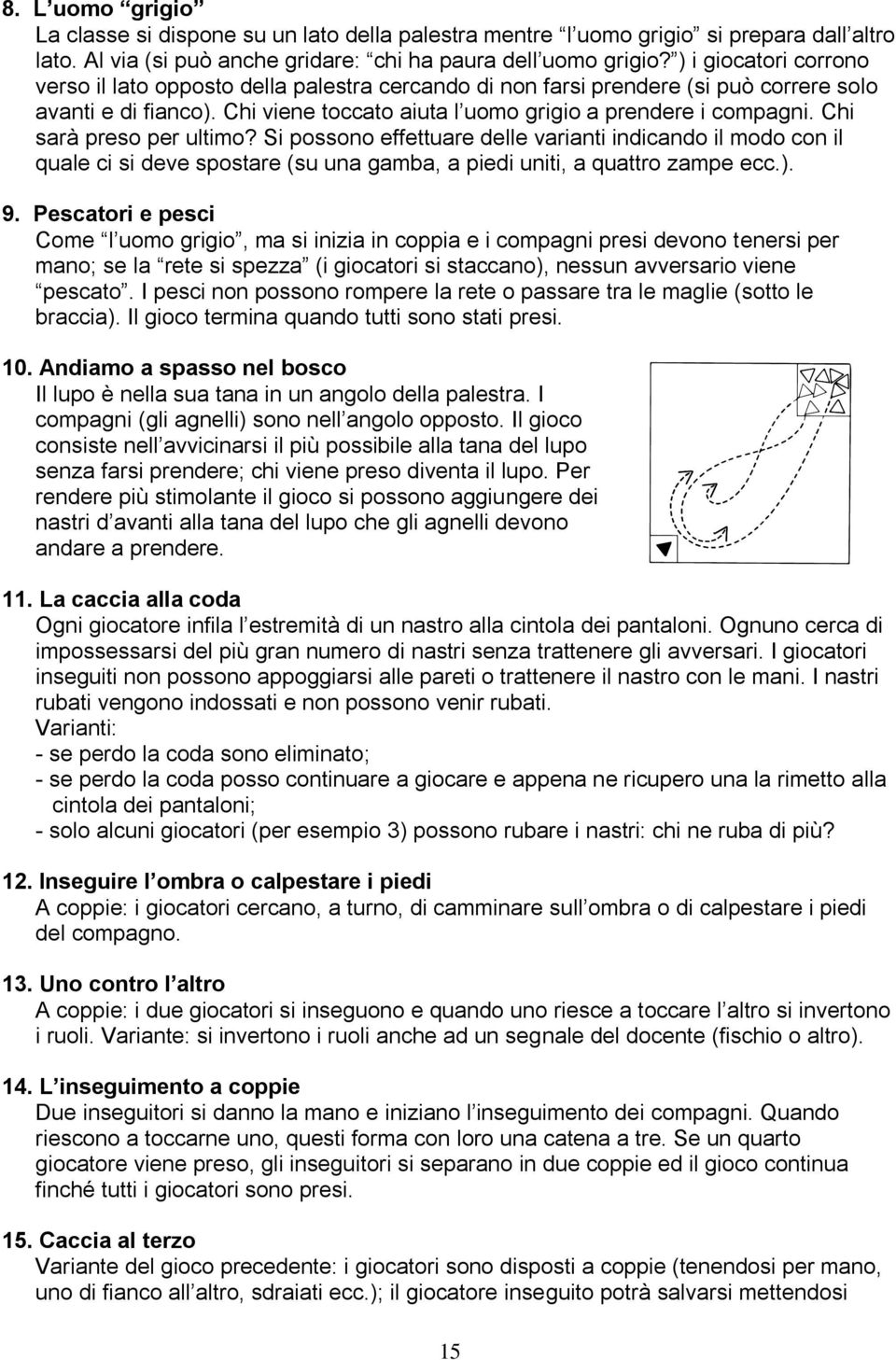 Chi sarà preso per ultimo? Si possono effettuare delle varianti indicando il modo con il quale ci si deve spostare (su una gamba, a piedi uniti, a quattro zampe ecc.). 9.