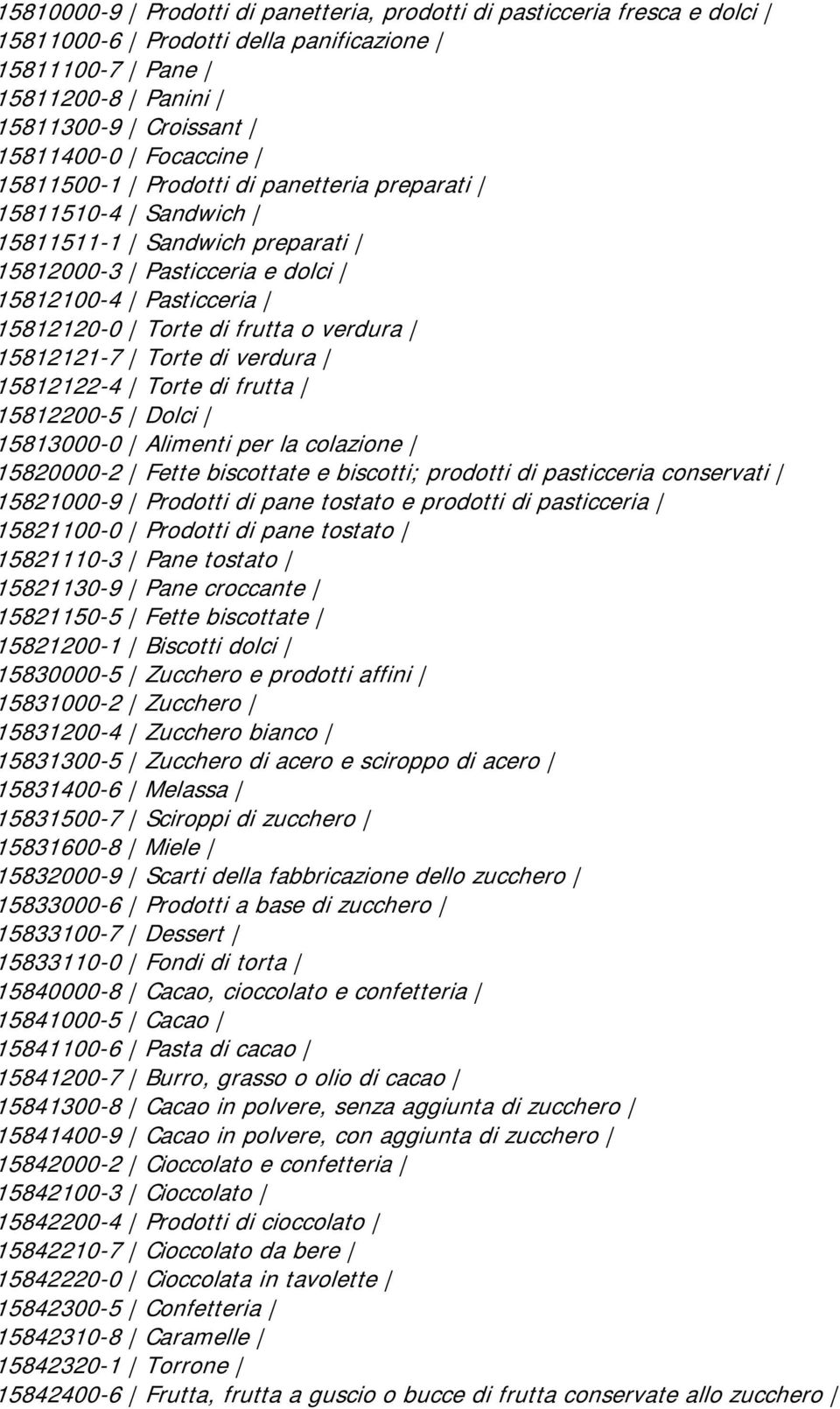 Torte di verdura 15812122-4 Torte di frutta 15812200-5 Dolci 15813000-0 Alimenti per la colazione 15820000-2 Fette biscottate e biscotti; prodotti di pasticceria conservati 15821000-9 Prodotti di