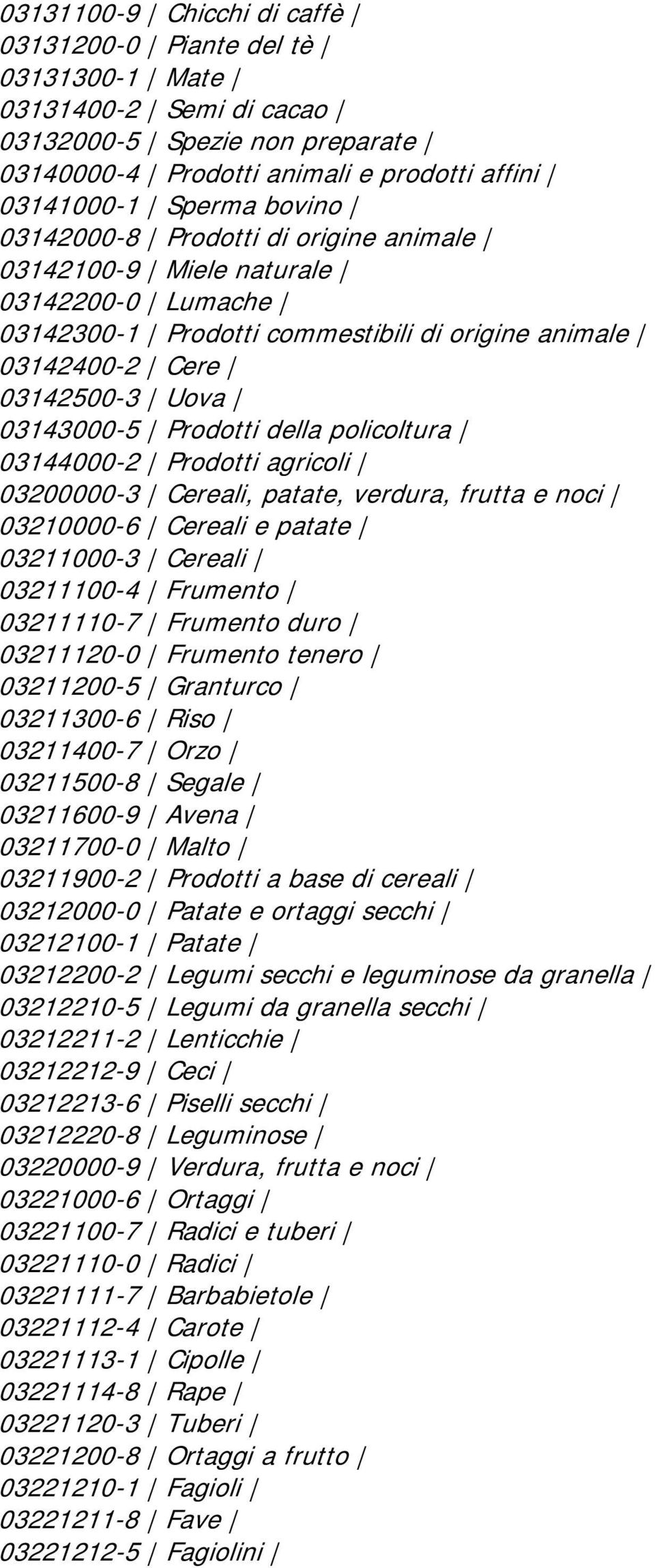 policoltura 03144000-2 Prodotti agricoli 03200000-3 Cereali, patate, verdura, frutta e noci 03210000-6 Cereali e patate 03211000-3 Cereali 03211100-4 Frumento 03211110-7 Frumento duro 03211120-0