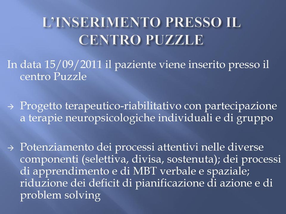 Potenziamento dei processi attentivi nelle diverse componenti (selettiva, divisa, sostenuta); dei