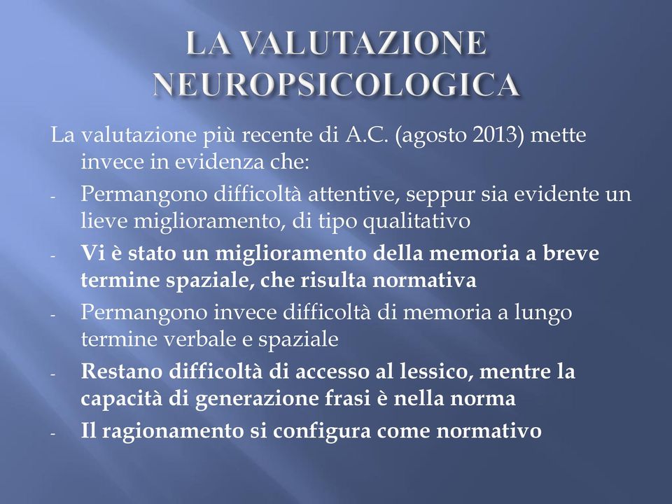 di tipo qualitativo - Vi è stato un miglioramento della memoria a breve termine spaziale, che risulta normativa -