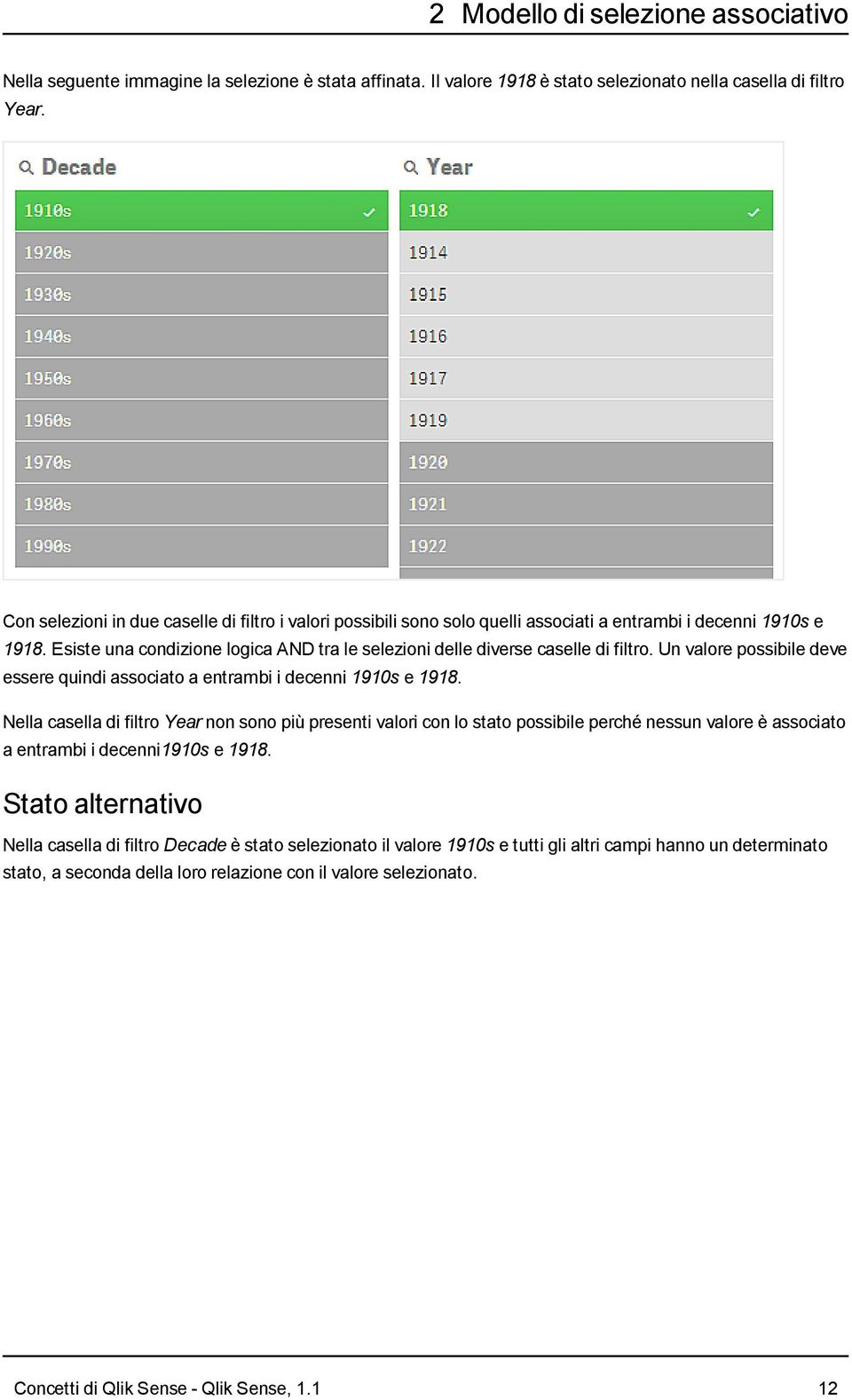 Esiste una condizione logica AND tra le selezioni delle diverse caselle di filtro. Un valore possibile deve essere quindi associato a entrambi i decenni 1910s e 1918.