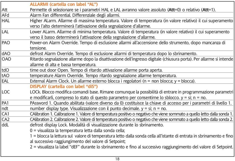 Allarme di minima temperatura. Valore di temperatura (in valore relativo) il cui superamento verso il basso determinerà l attivazione della segnalazione d allarme. PAO Power-on Alarm Override.