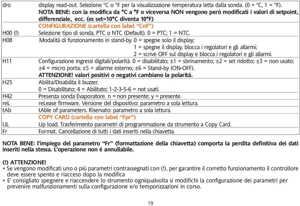 ) Selezione tipo di sonda, PTC o NTC (Default). 0 = PTC; 1 = NTC. H08 Modalità di funzionamento in stand-by.