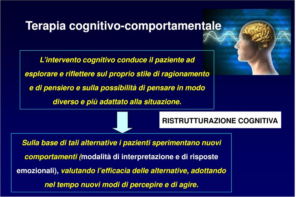 RISTRUTTURAZIONE COGNITIVA Sulla base di tali alternative i pazienti sperimentano nuovi comportamenti (modalità di