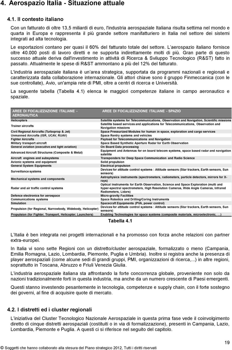 in Italia nel settore dei sistemi integrati ad alta tecnologia. Le esportazioni contano per quasi il 60% del fatturato totale del settore. L aerospazio italiano fornisce oltre 40.