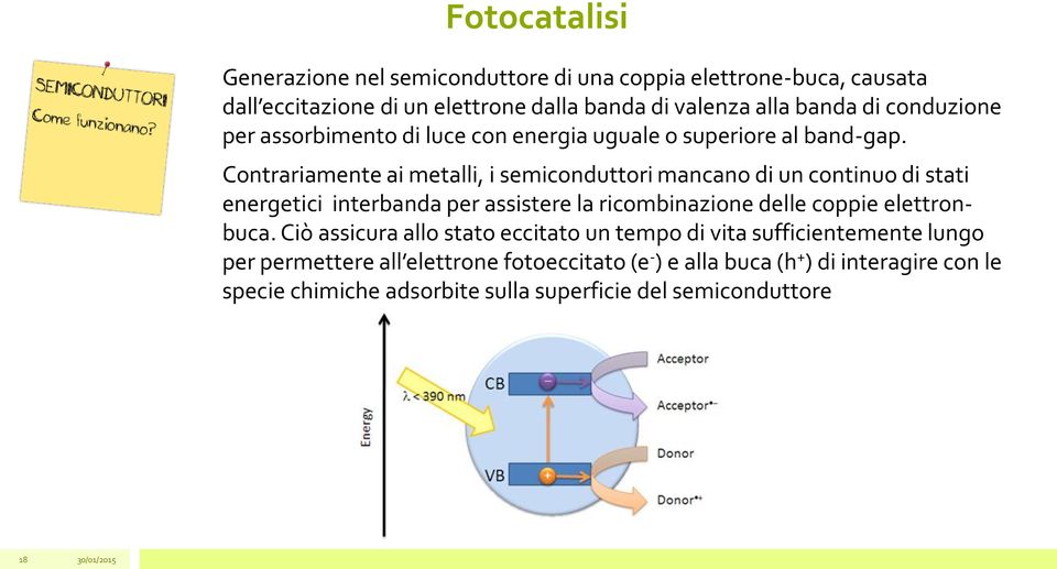 Contrariamente ai metalli, i semiconduttori mancano di un continuo di stati energetici interbanda per assistere la ricombinazione delle coppie