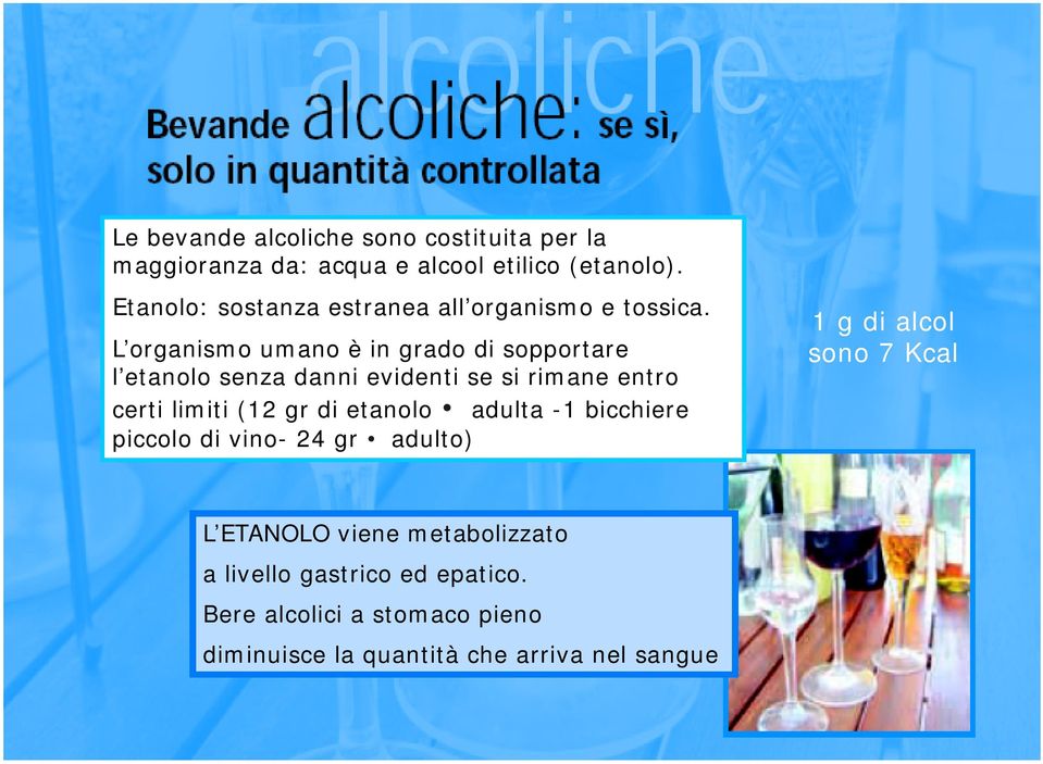 L organismo umano è in grado di sopportare l etanolo senza danni evidenti se si rimane entro certi limiti (12 gr di