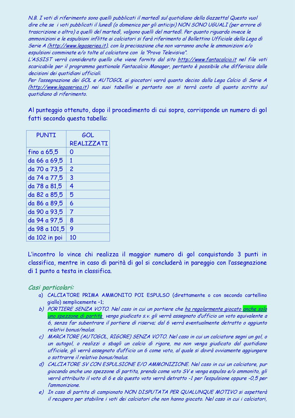 Per quanto riguarda invece le ammonizioni e le espulsioni inflitte ai calciatori si farà riferimento al Bollettino Ufficiale della Lega di Serie A (http://www.legaseriea.