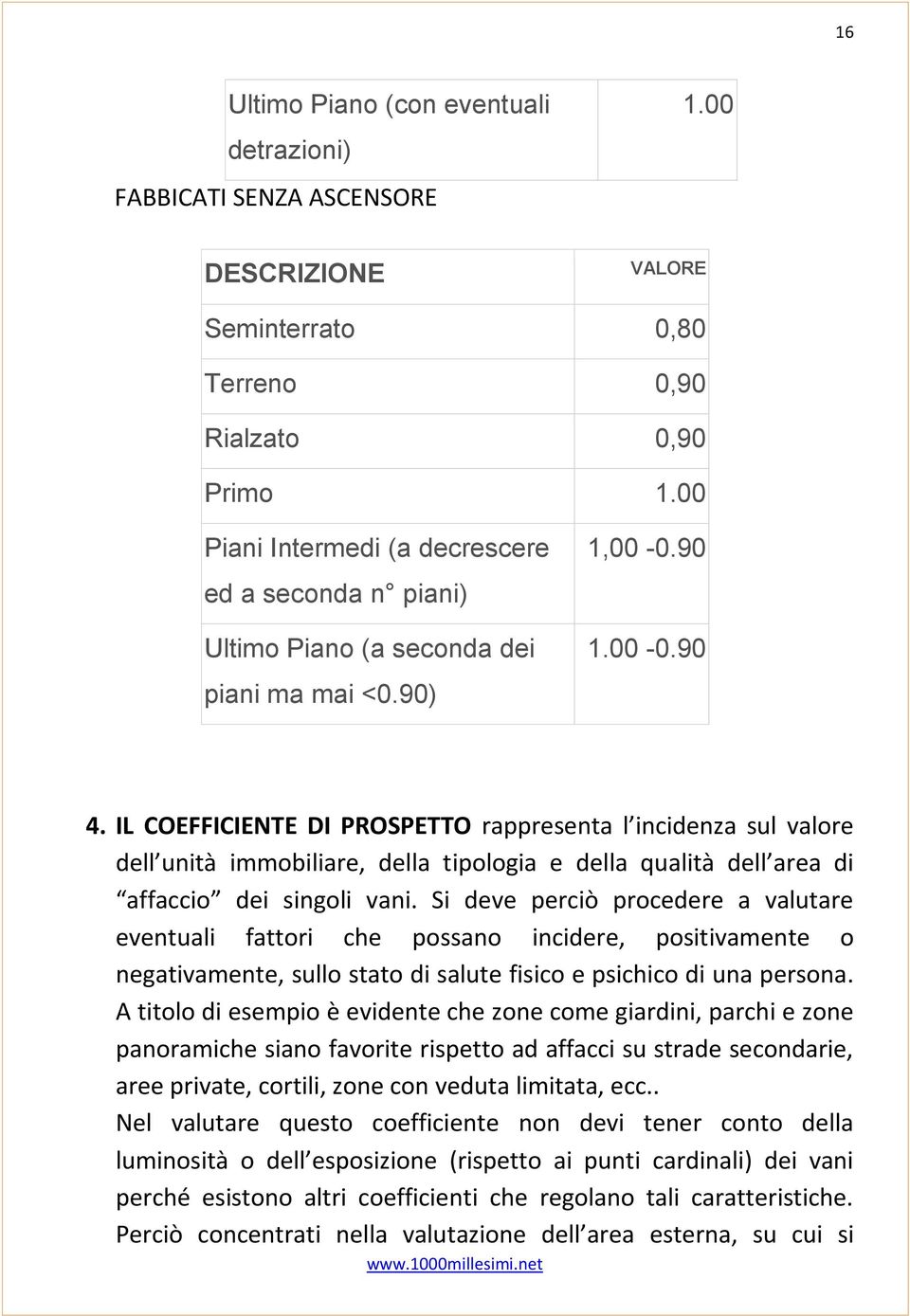 IL COEFFICIENTE DI PROSPETTO rappresenta l incidenza sul valore dell unità immobiliare, della tipologia e della qualità dell area di affaccio dei singoli vani.