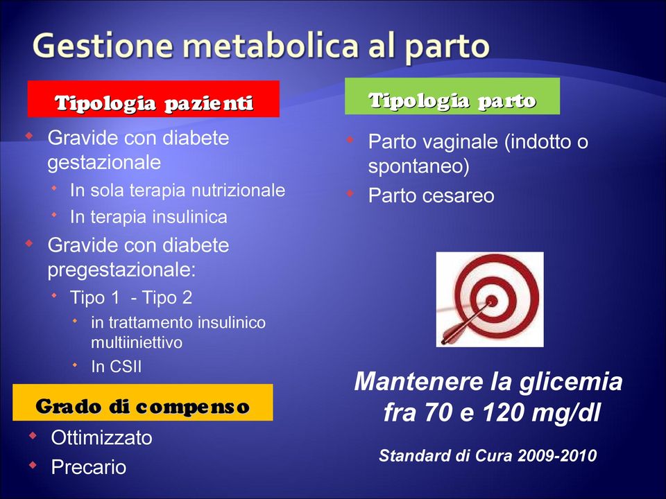 con diabete pregestazionale: Tipo 1 - Tipo 2 in trattamento insulinico multiiniettivo In CSII