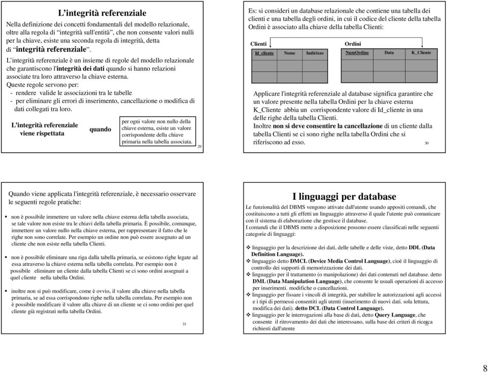 L integrità referenziale è un insieme di regole del modello relazionale che garantiscono l'integrità dei dati quando si hanno relazioni associate tra loro attraverso la chiave esterna.