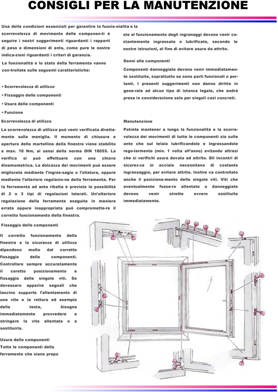 La funzionalità e lo stato della ferramenta vanno con-trollate sulle seguenti caratteristiche: Scorrevolezza di utilizzo Fissaggio delle componenti Usura delle componenti ste al funzionamento degli