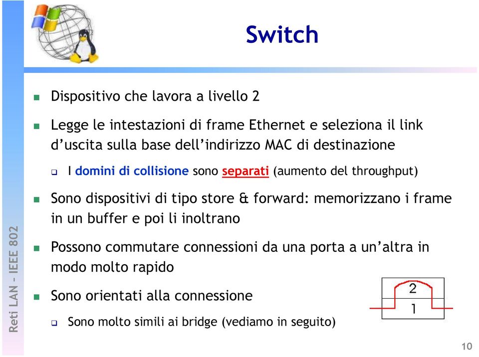 dispositivi di tipo store & forward: memorizzano i frame in un buffer e poi li inoltrano Possono commutare