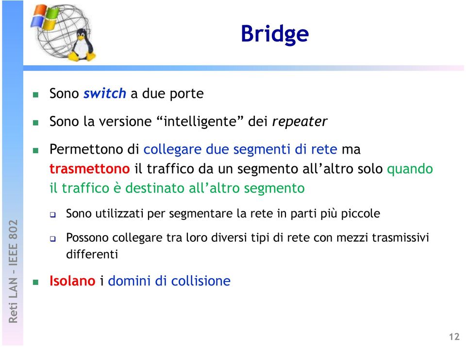 destinato all altro segmento Sono utilizzati per segmentare la rete in parti più piccole Possono