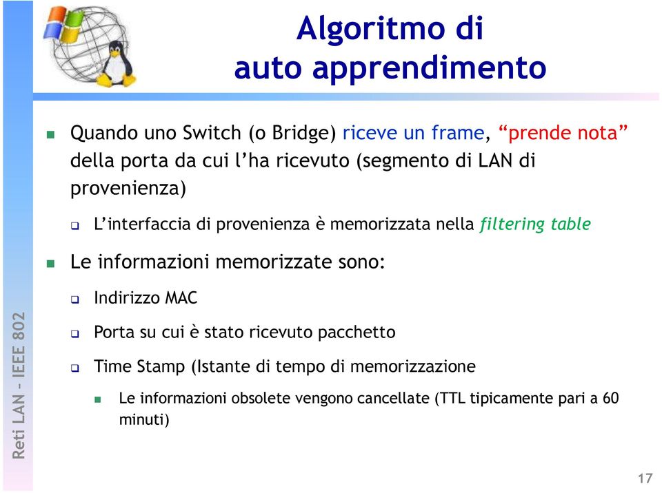 table Le informazioni memorizzate sono: Indirizzo MAC Porta su cui è stato ricevuto pacchetto Time Stamp