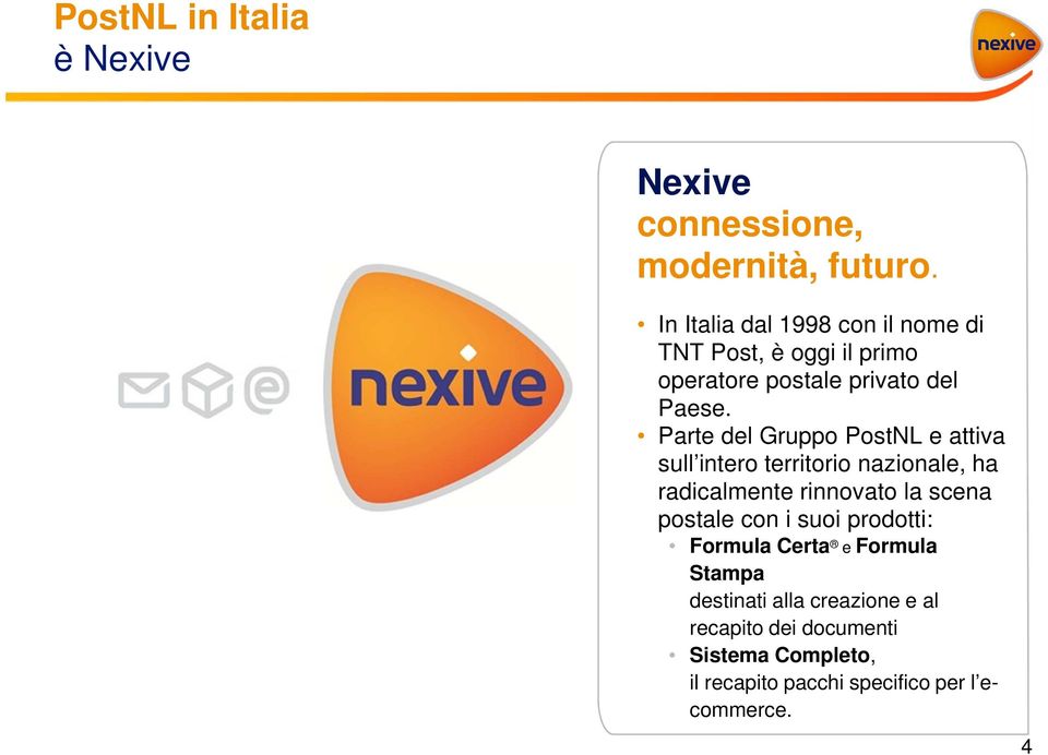 Parte del Gruppo PostNL e attiva sull intero territorio nazionale, ha radicalmente rinnovato la scena postale