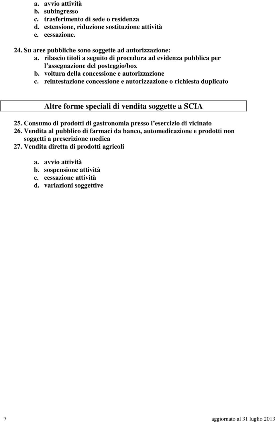 reintestazione concessione e autorizzazione o richiesta duplicato Altre forme speciali di vendita soggette a SCIA 25. Consumo di prodotti di gastronomia presso l esercizio di vicinato 26.