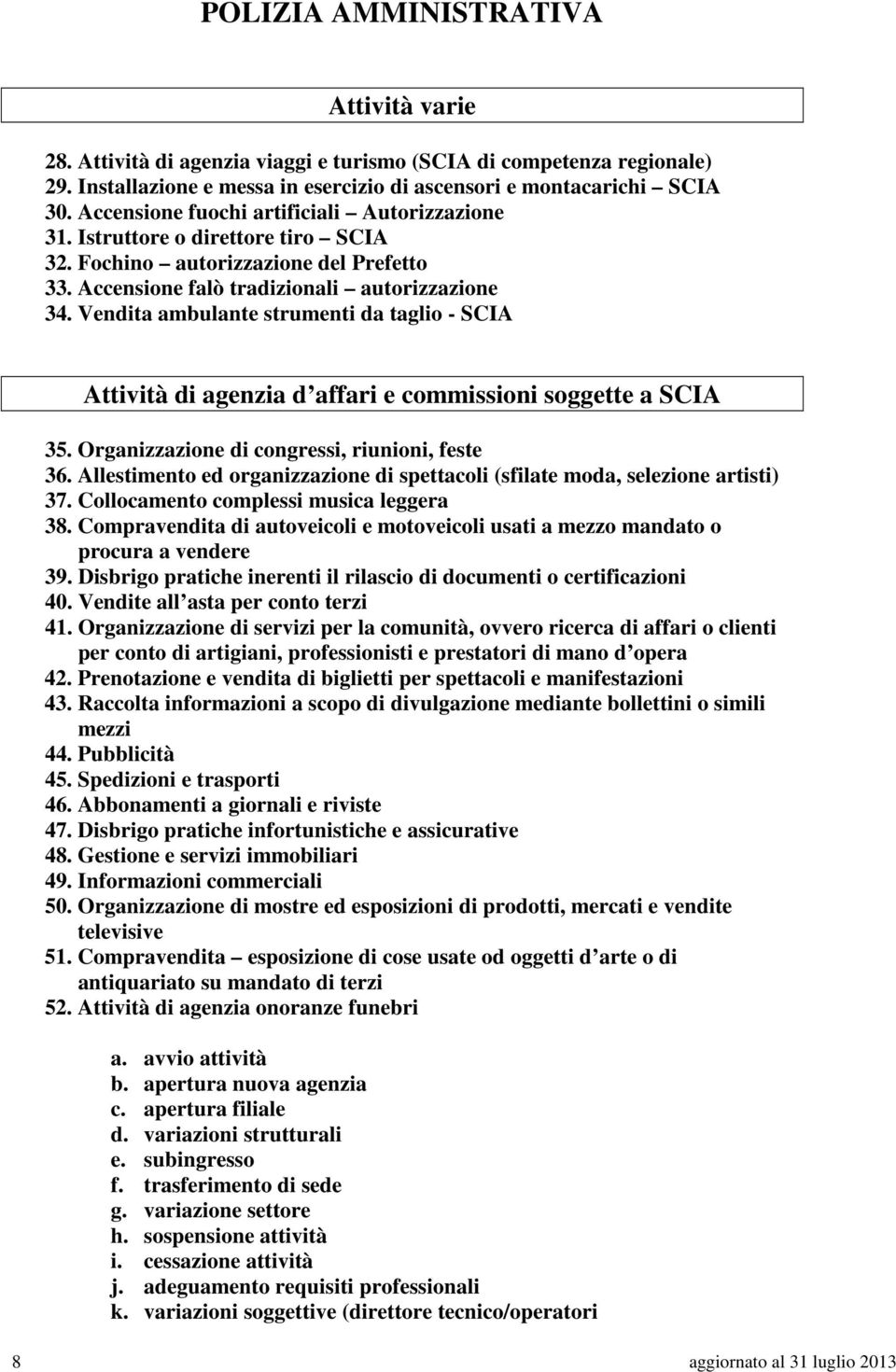 Vendita ambulante strumenti da taglio - SCIA Attività di agenzia d affari e commissioni soggette a SCIA 35. Organizzazione di congressi, riunioni, feste 36.