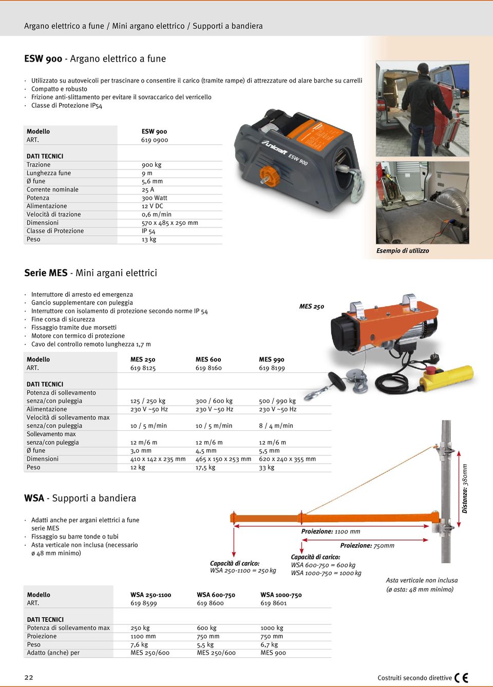 619 0900 Trazione 900 kg Lunghezza fune 9 m Ø fune 5,6 mm Corrente nominale 25 A Potenza 300 Watt Alimentazione 12 V DC Velocità di trazione 0,6 m/min 570 x 485 x 250 mm Classe di Protezione IP 54 13