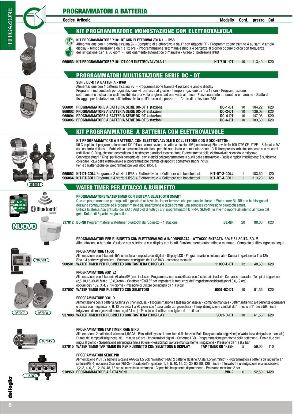 giorni - Funzionamento automatico o manuale - Grado di protezione IP68 966053 KIT PROGRAMMATORE 7101-DT CON ELETTROVALVOLA 1" KIT 7101-DT 10 113,40 K20 PROGRAMMATORI MULTISTAZIONE SERIE DC - DT SERIE