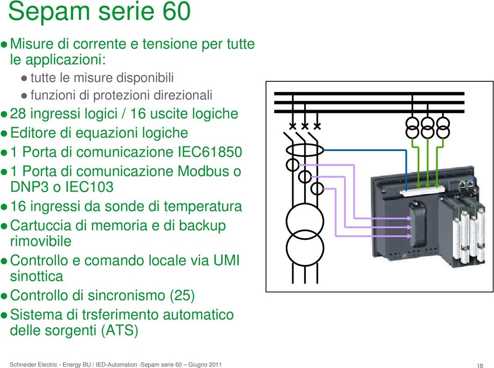 comunicazione Modbus o DNP3 o IEC103 16 ingressi da sonde di temperatura Cartuccia di memoria e di backup rimovibile