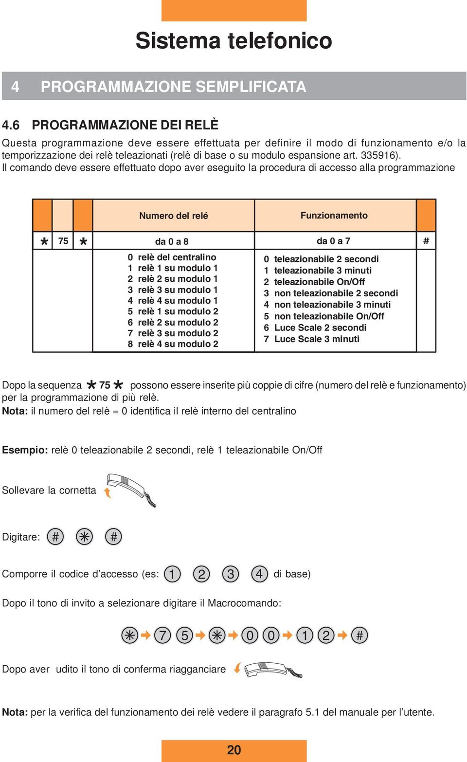 Il comndo deve essere effettuto dopo ver eseguito l procedur di ccesso ll progrmmzione Numero del relé Funzionmento 75 * * d 8 relè del centrlino 1 relè 1 su modulo 1 2 relè 2 su modulo 1 3 relè 3 su