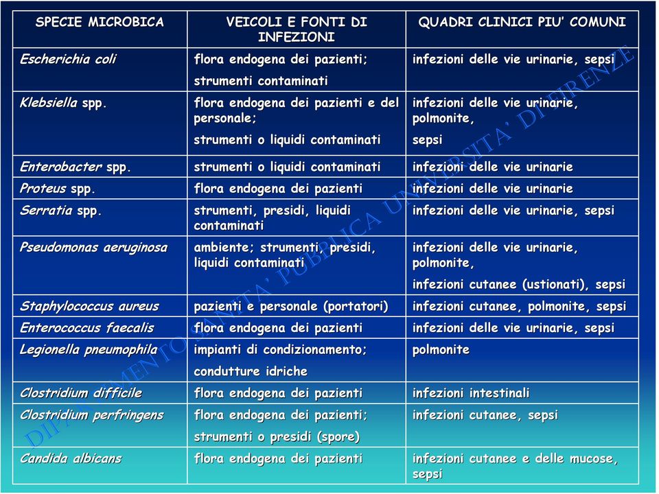 strumenti contaminati flora endogena dei pazienti e del personale; strumenti o liquidi contaminati strumenti o liquidi contaminati flora endogena dei pazienti strumenti, presidi, liquidi contaminati