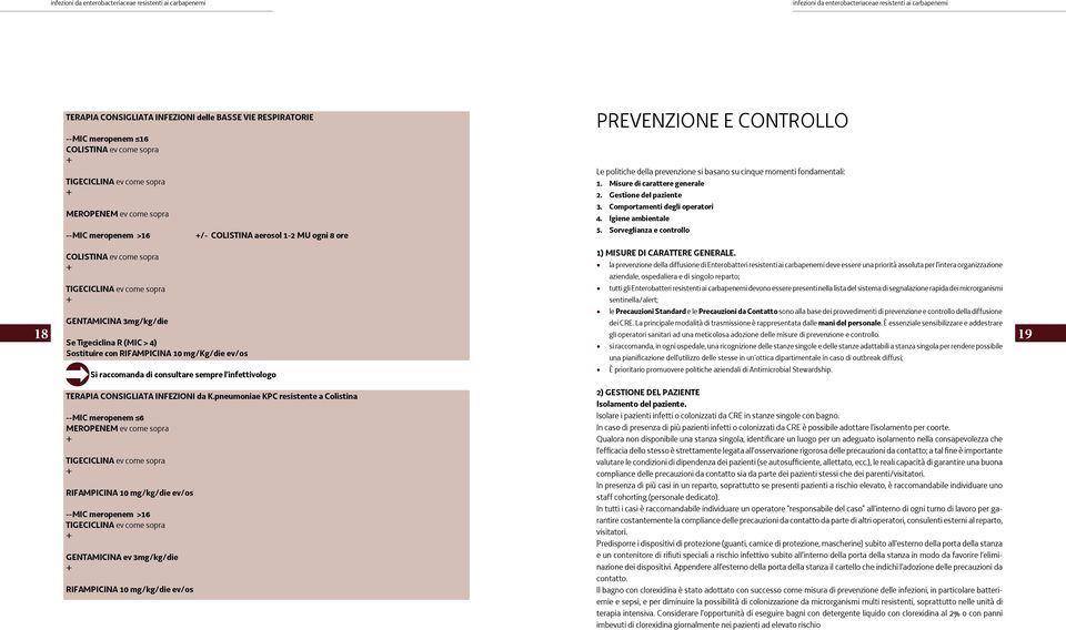 Sorveglianza e controllo COLISTINA ev come sopra GENTAMICINA 3mg/kg/die 18 gli operatori sanitari ad una meticolosa adozione delle misure di prevenzione e controllo.