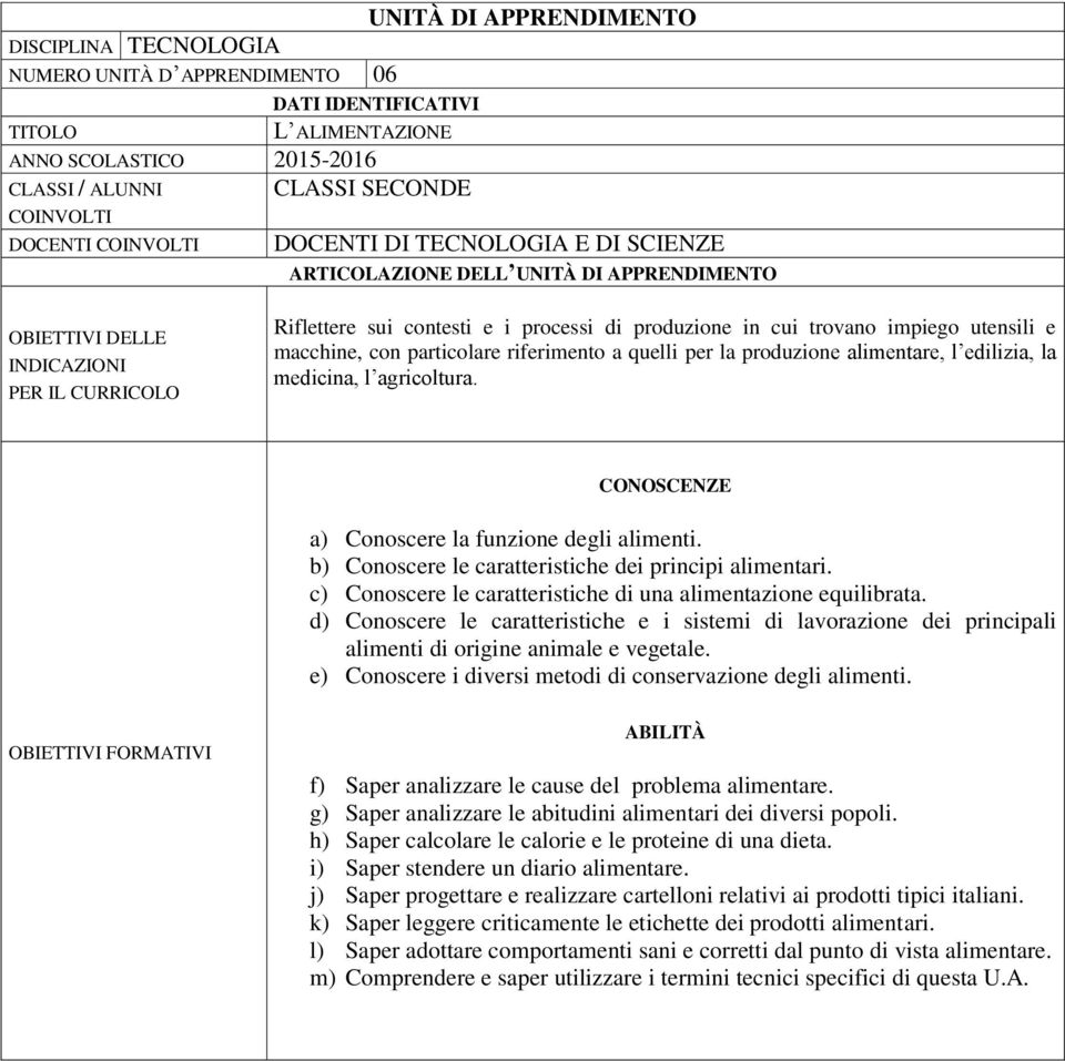 impiego utensili e macchine, con particolare riferimento a quelli per la produzione alimentare, l edilizia, la medicina, l agricoltura. CONOSCENZE a) Conoscere la funzione degli alimenti.