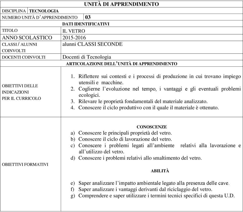 Riflettere sui contesti e i processi di produzione in cui trovano impiego utensili e macchine. 2. Coglierne l evoluzione nel tempo, i vantaggi e gli eventuali problemi ecologici. 3.