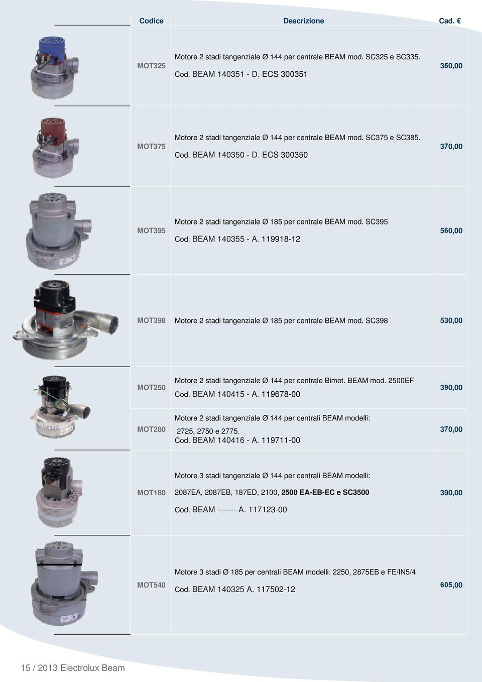 998-2 MOT398 Motore 2 stadi tangenziale Ø 85 per centrale BEAM mod. SC398 530,00 Motore 2 stadi tangenziale Ø 44 per centrale Bimot. BEAM mod. 2500EF MOT250 Cod. BEAM 4045 - A.