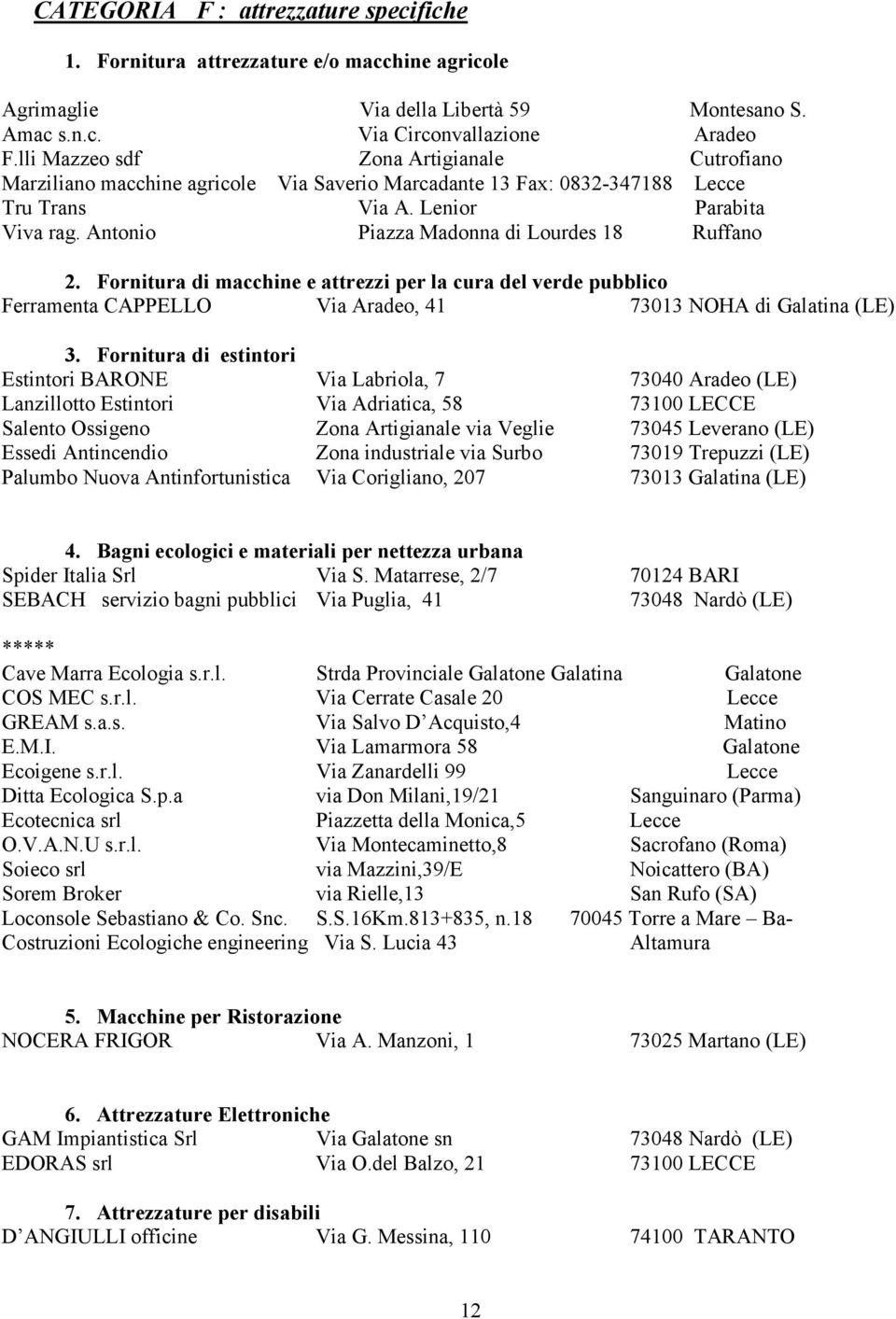 Antonio Piazza Madonna di Lourdes 18 Ruffano 2. Fornitura di macchine e attrezzi per la cura del verde pubblico Ferramenta CAPPELLO Via Aradeo, 41 73013 NOHA di Galatina (LE) 3.