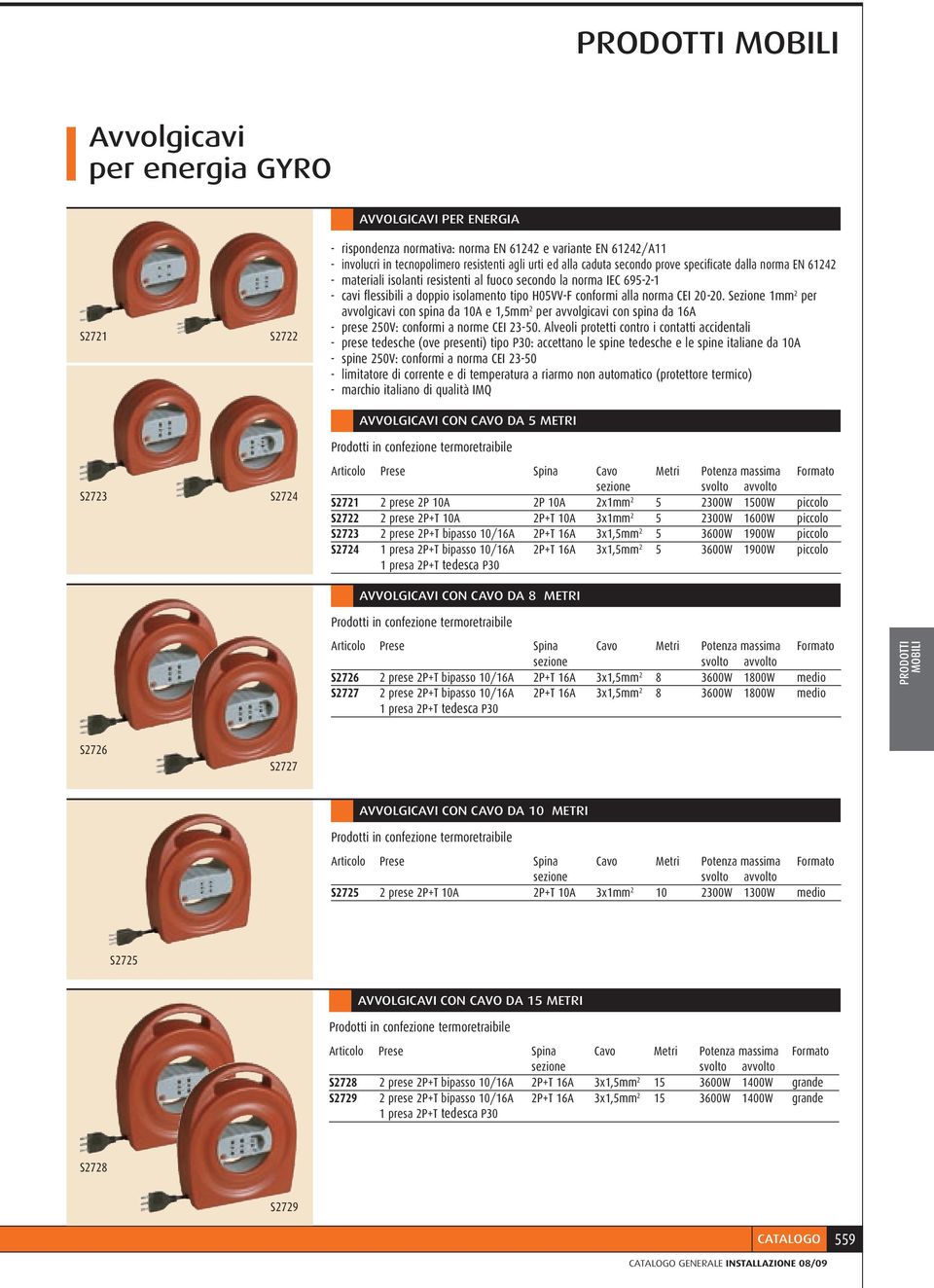 norma CEI 20-20. Sezione 1mm 2 per avvolgicavi con spina da 10A e 1,5mm 2 per avvolgicavi con spina da 16A - prese 250V: conformi a norme CEI 23-50.