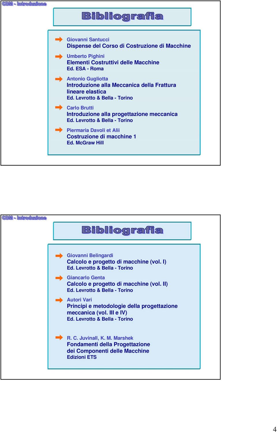 Levrotto & Bella - Torino Piermaria Davoli et Alii Costruzione di macchine 1 Ed. McGraw Hill Giovanni Belingardi Calcolo e progetto di macchine (vol. I) Ed.