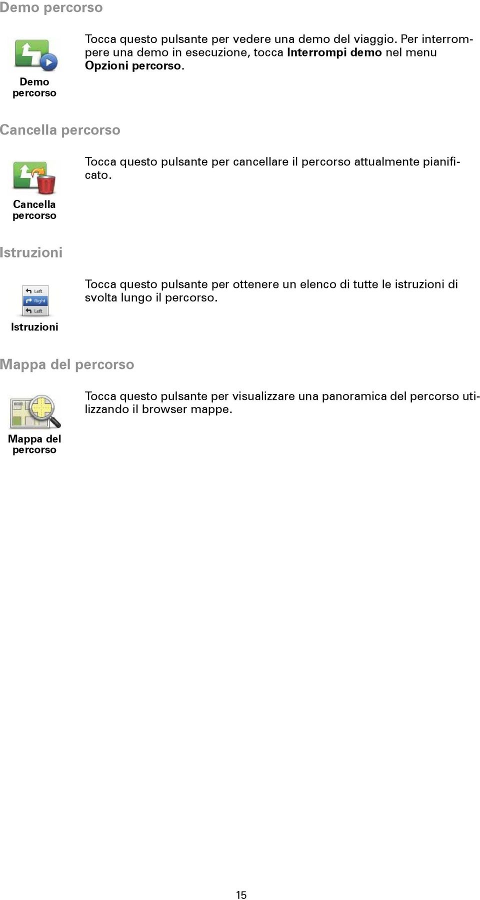 Cancella percorso Cancella percorso Tocca questo pulsante per cancellare il percorso attualmente pianificato.