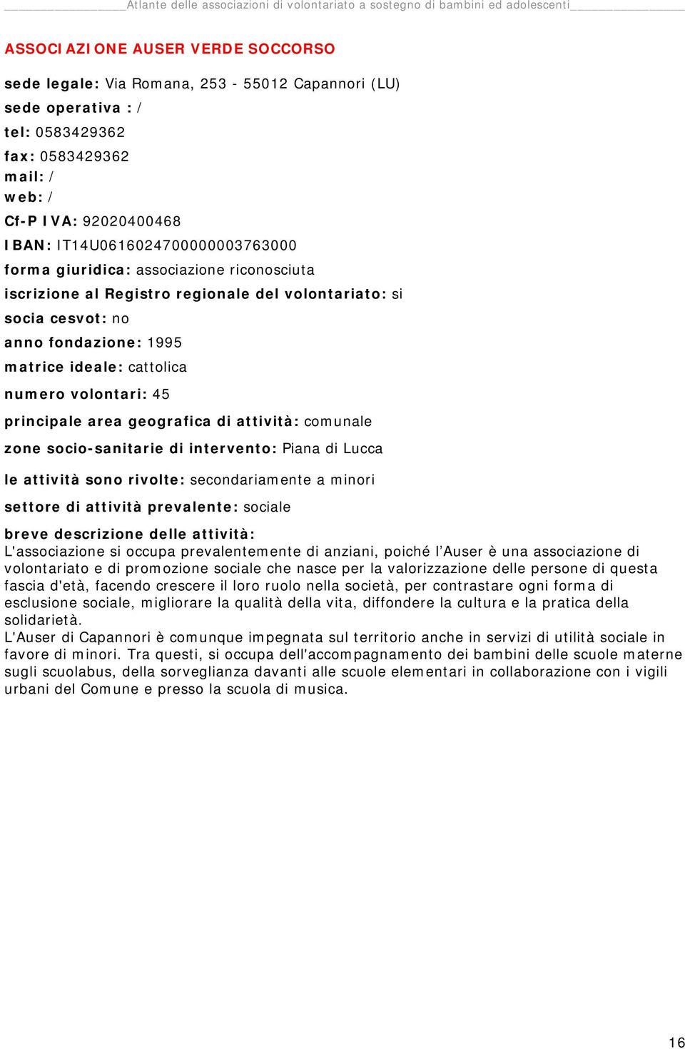 socio-sanitarie di intervento: Piana di Lucca le attività sono rivolte: secondariamente a minori L'associazione si occupa prevalentemente di anziani, poiché l Auser è una associazione di volontariato