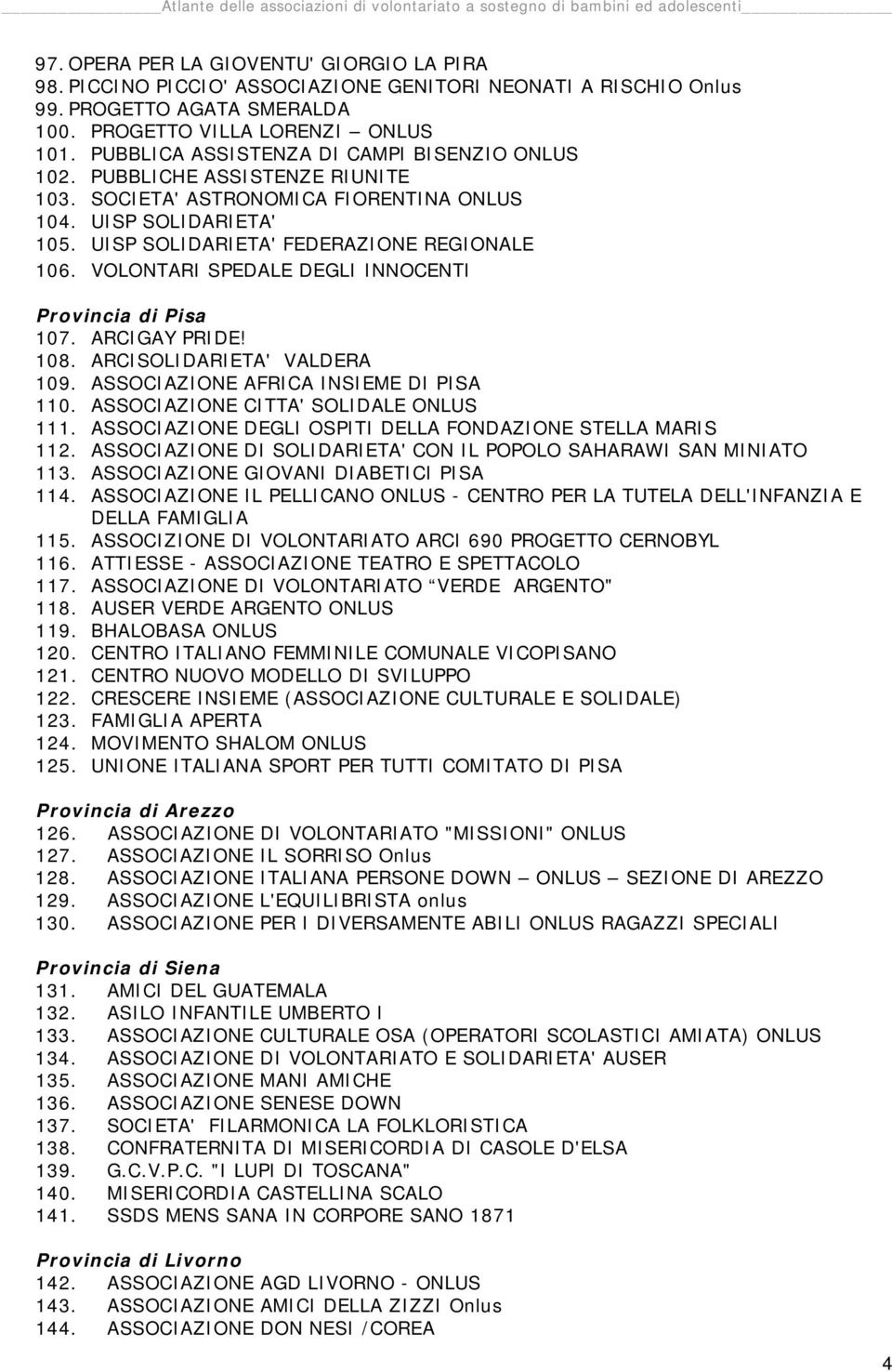 VOLONTARI SPEDALE DEGLI INNOCENTI Provincia di Pisa 107. ARCIGAY PRIDE! 108. ARCISOLIDARIETA' VALDERA 109. ASSOCIAZIONE AFRICA INSIEME DI PISA 110. ASSOCIAZIONE CITTA' SOLIDALE ONLUS 111.