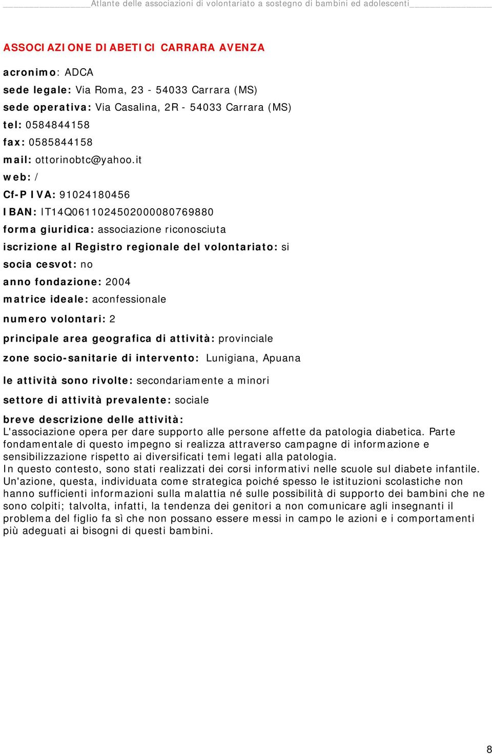 it web: / Cf-P IVA: 91024180456 IBAN: IT14Q0611024502000080769880 forma giuridica: associazione riconosciuta anno fondazione: 2004 numero volontari: 2 principale area geografica di attività: