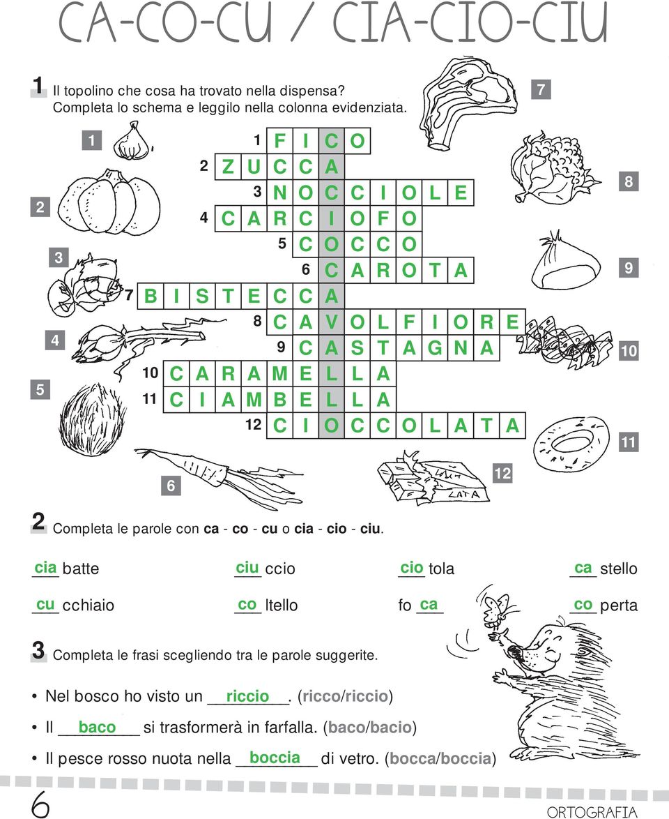 R E A G N A O L T L E A A T A 8 9 0 6 Completa le parole con ca - co - cu o cia - cio - ciu.