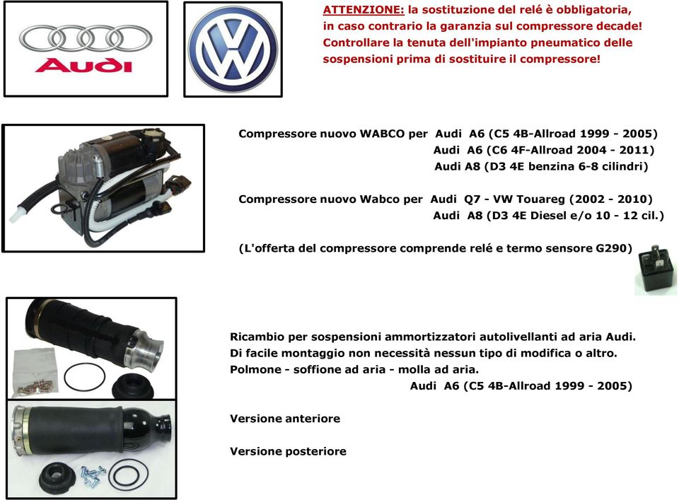 Compressore nuovo WABCO per Audi A6 (C5 4B-Allroad 1999-2005) Audi A6 (C6 4F-Allroad 2004-2011) Audi A8 (D3 4E benzina 6-8 cilindri) Compressore nuovo Wabco per Audi Q7 -