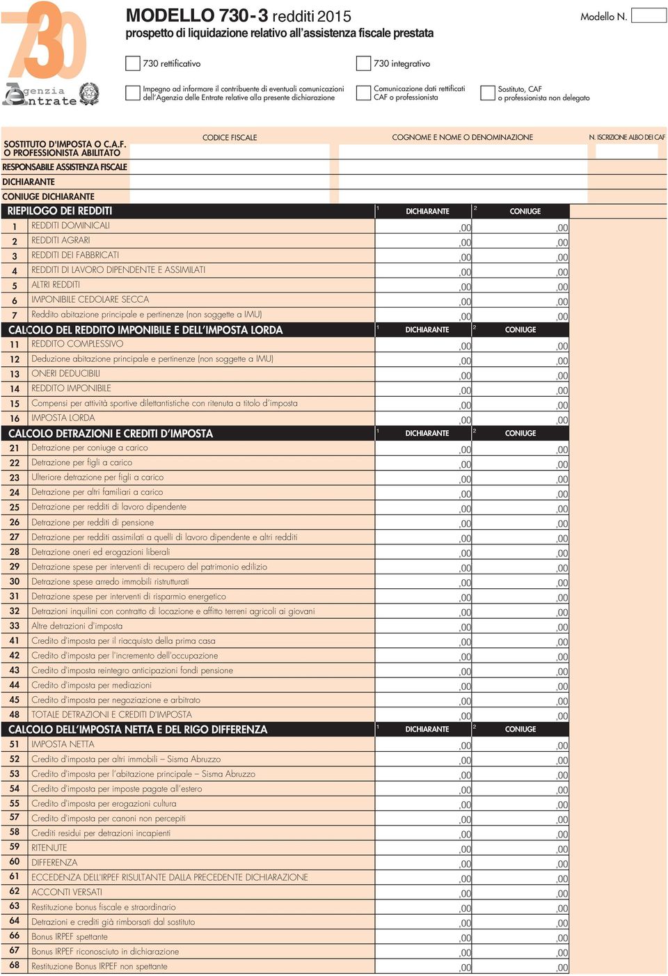 rettificati CAF o professionista Sostituto, CAF o professionista non delegato SOSTITUTO D'IMPOSTA O C.A.F. COGNOME E NOME O DENOMINAZIONE N.