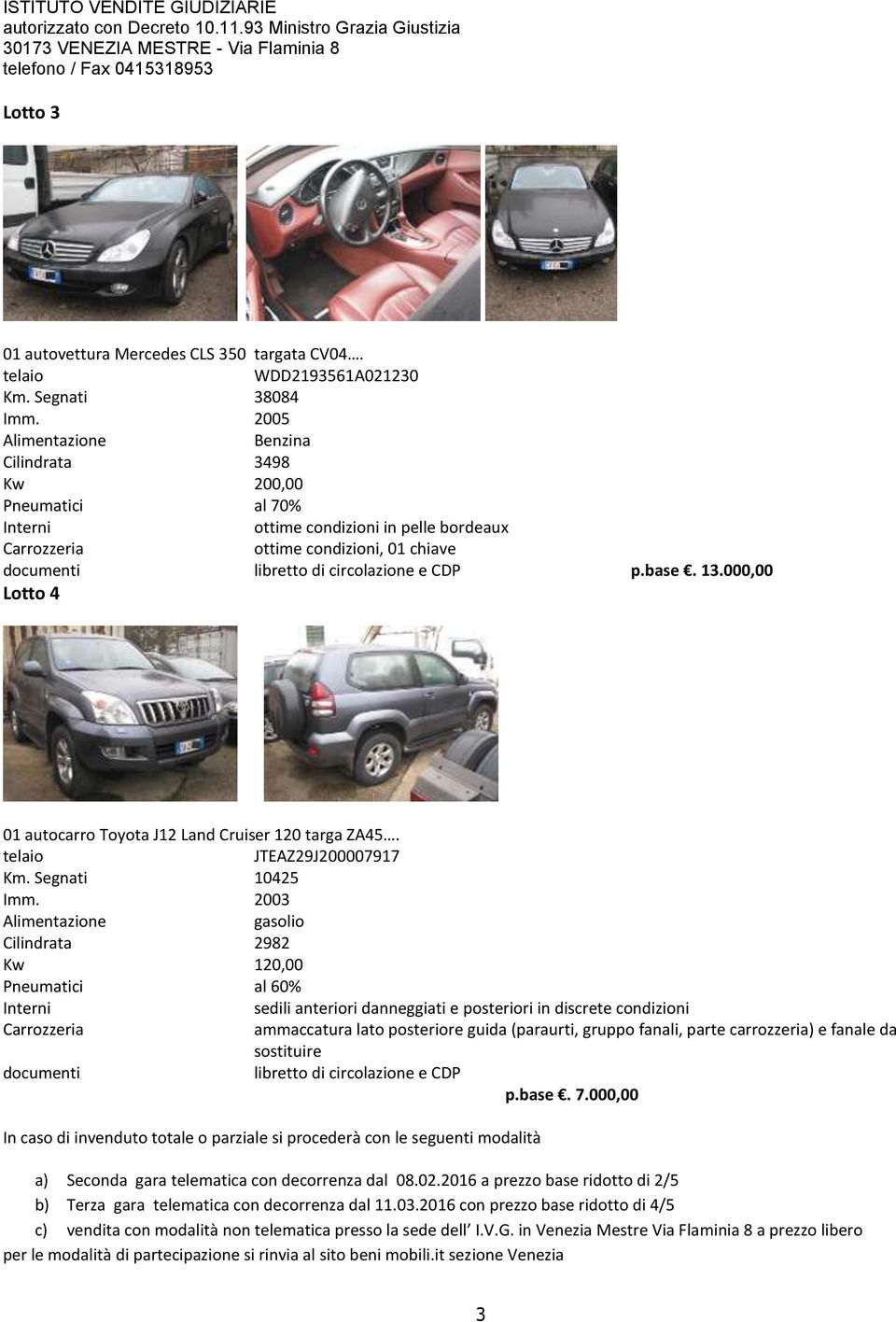 base. 13.000,00 Lotto 4 01 autocarro Toyota J12 Land Cruiser 120 targa ZA45. telaio JTEAZ29J200007917 Km. Segnati 10425 Imm.